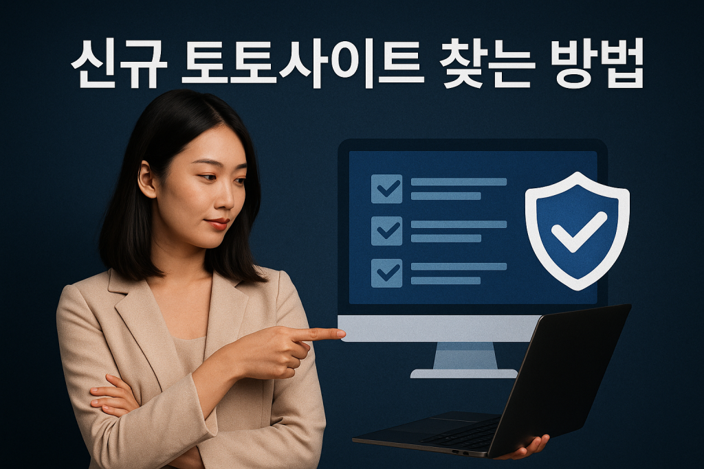 신규 토토사이트 찾는 방법을 안내하는 한국 여성과 체크리스트 화면