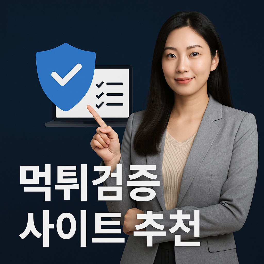 먹튀검증 사이트 추천을 안내하는 한국 여성과 안전한 체크리스트 이미지